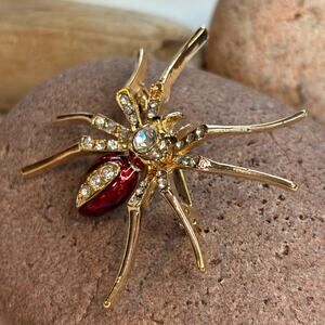 Long Leg Spider Brooch Gold Finished Crystal Rhinestones Goblincore Witchy Spook